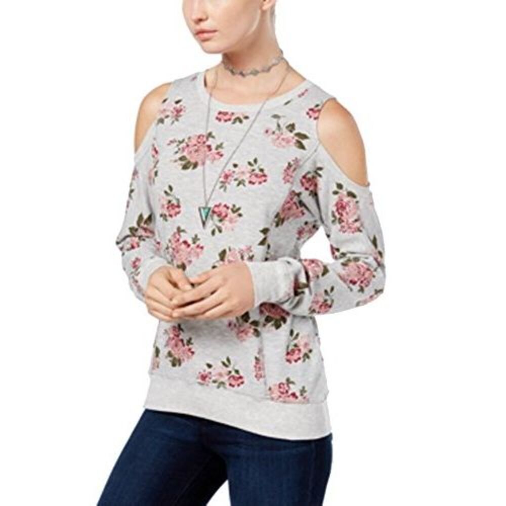 Ultra Flirt Juniors' Floral-Print Cold-Shoulder Sweatshirt (Grey Tossed Floral